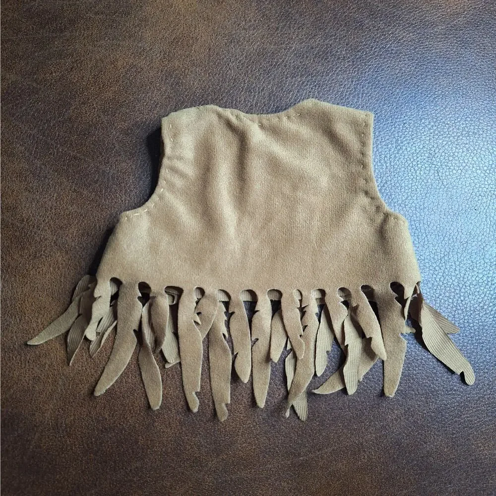VTG Doll Western Fringe Vest Tan Faux Suede Silver Star Sheriff Cowgirl Outfit